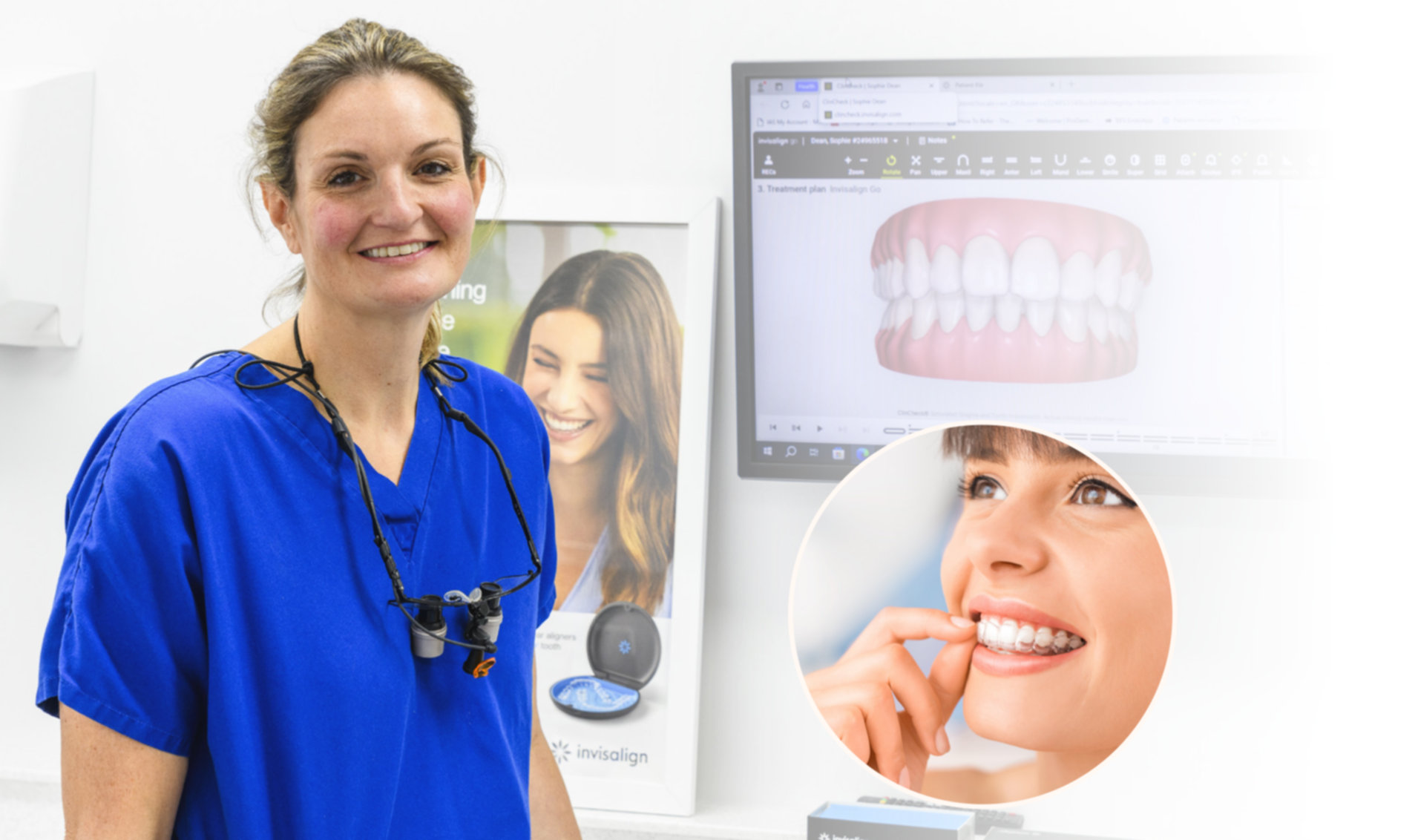 Dentist standing in front of various examples of Invisalign treatments