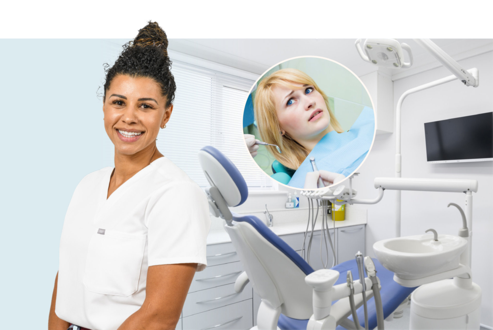 Dental nurse, a clinic with IV sedation facilities, and a nervous-looking patient.